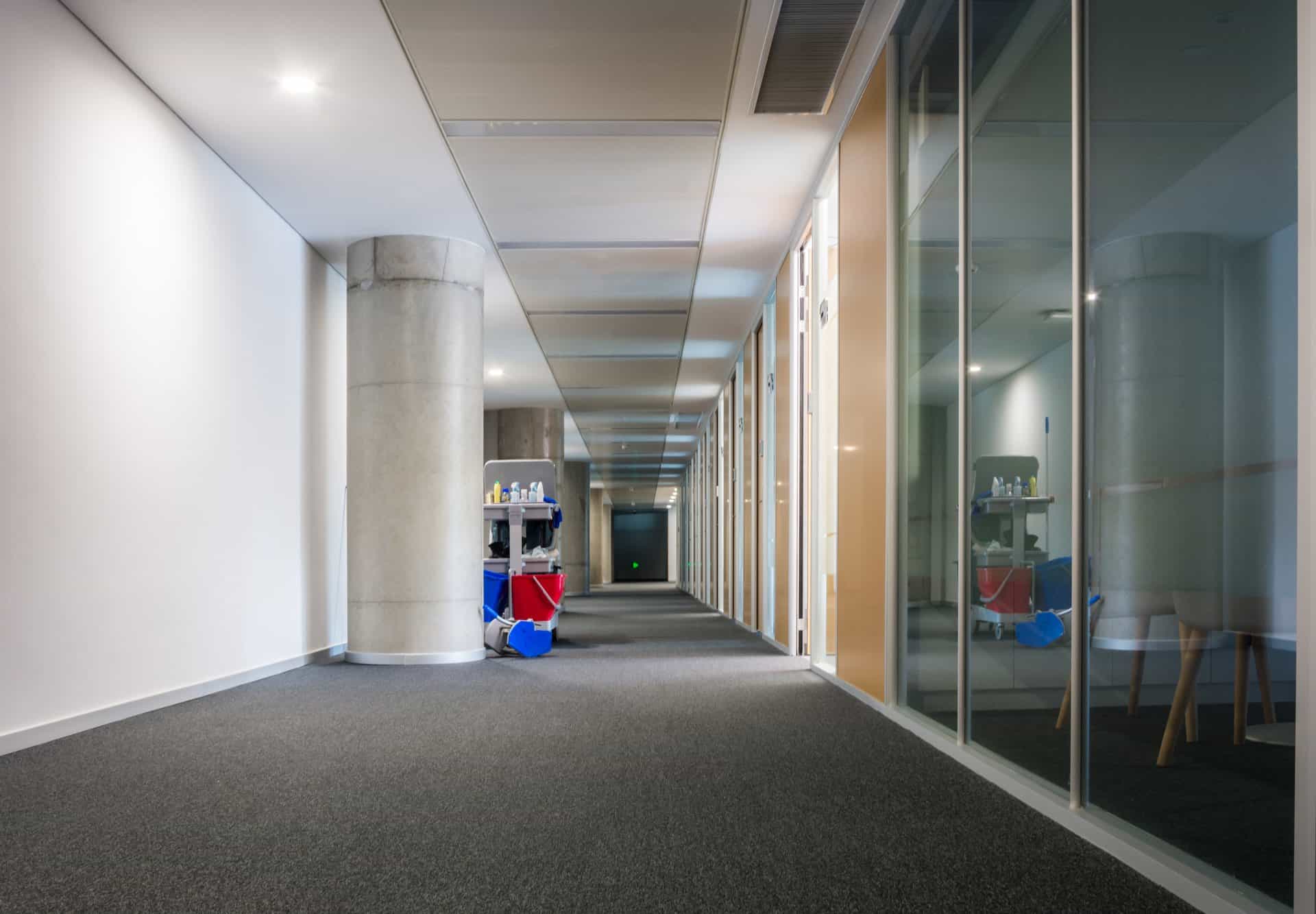 Durable carpet tile flooring in a school corridor