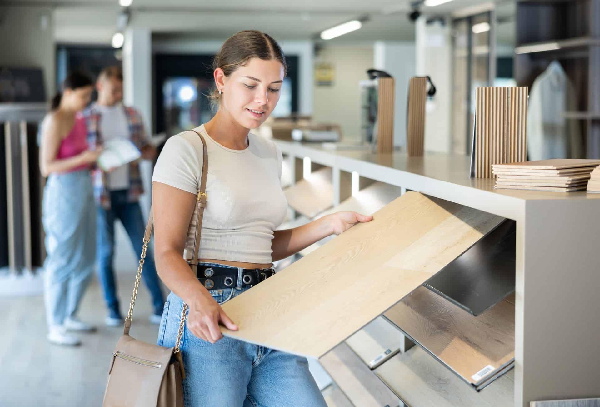 Customer comparing flooring options in Preston