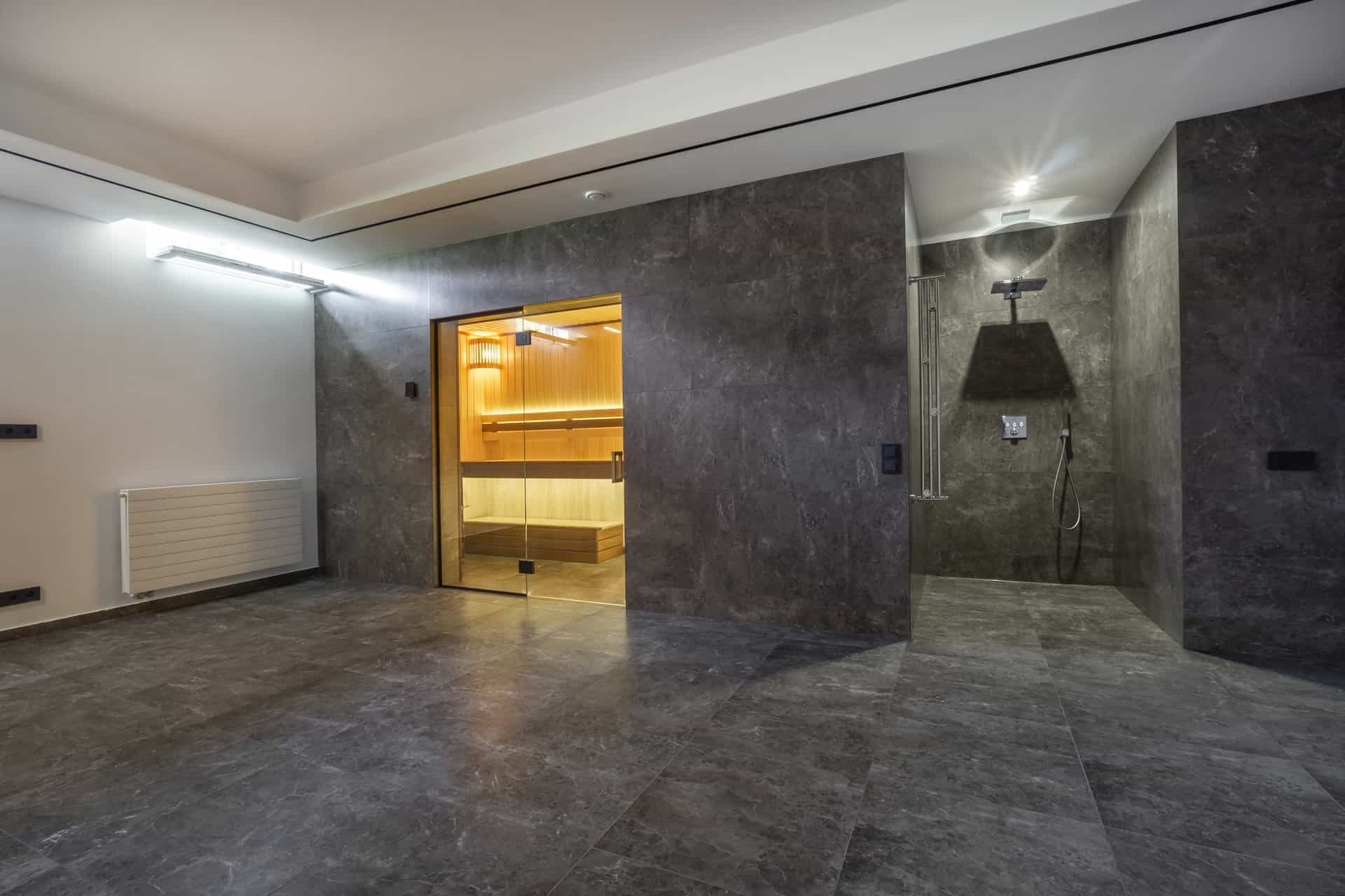 Water-resistant vinyl flooring in a spa shower area